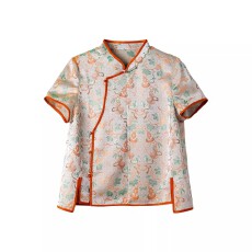 批发新中式国风盘扣立领短袖T恤女2026夏新款提花唐装小众设计感上衣