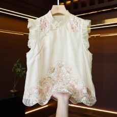批发高端杏色真丝欧根纱重工刺绣新中式马甲背心女国风荷叶边<b class='q'>无袖</b><b class='q'>上衣</b>