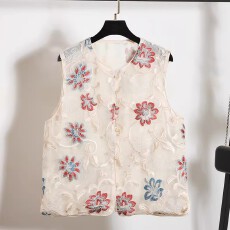 批发欧洲站夏季新款时尚重工刺绣马甲背心女轻奢复古<b class='q'>欧根纱</b>坎肩<b class='q'>上衣</b>