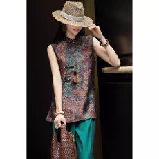 批发复古民族风真丝混纺印花旗袍上衣女2026夏季新款立领盘扣无袖小衫