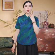 批发天丝香云纱上衣高档<b class='q'>妈妈装</b>2026夏季新中式复古高级感立领T恤衬衫