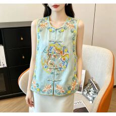 批发2026夏款新款中式盘扣花萝<b class='q'>欧根纱</b>上衣女前后<b class='q'>刺绣</b>微透马甲背心