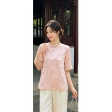 批发2026新中式国风上衣女夏改良真丝缎面斜襟小衫桑蚕丝古风提花<b class='q'>T</b><b class='q'>恤</b>