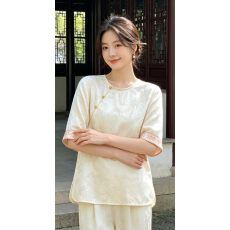 批发2026新中式国风上衣女夏改良真丝缎面斜襟小衫桑蚕丝古风提花<b class='q'>T</b><b class='q'>恤</b>