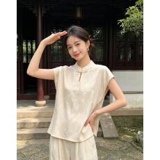 批发真丝国风衬衫桑蚕丝提花无袖新中式<b class='q'>上衣</b>复古立领盘扣小衫春季女装
