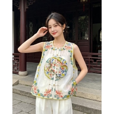 批发新中式国风时尚提花刺绣<b class='q'>马甲</b>女2025春秋新款圆领改良唐装背心上衣