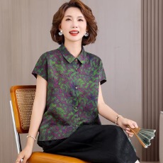 批发中年妈妈短袖香云纱衬衫女夏装新款复古气质印花小衫宽松洋气上衣