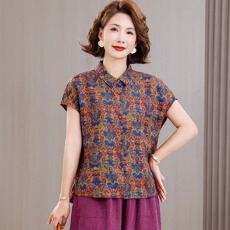 批发2026夏季新款女中式复古印花短袖<b class='q'>衬衫</b>女宽松透气<b class='q'>真丝</b>上衣时尚大码