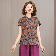 批发国风上衣新中式盘扣<b class='q'>立领</b>短袖小衫女夏改良显瘦真丝桑蚕丝妈妈衬衫