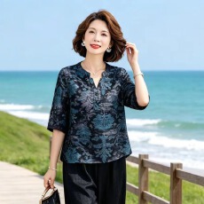 批发中年妈妈香云纱<b class='q'>短袖</b>上衣女士夏装新款复古气质宽松显瘦<b class='q'>中老年</b>小衫