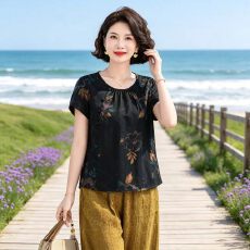 批发夏新款花罗红云纱中式七彩玫瑰高端桑蚕丝<b class='q'>妈妈</b>装真丝衬衫上衣T恤