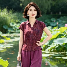 批发妈妈香云纱高端上衣<b class='q'>复古</b>真丝桑蚕丝小衫女夏改良日常穿搭短袖衬衫