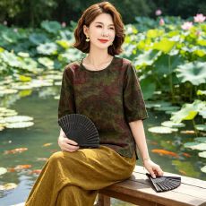 批发妈妈真丝香云纱上衣女士<b class='q'>复古</b>圆领显瘦中袖小衫夏季改良桑蚕丝T恤