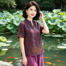批发妈妈香云纱高端上衣复古改良立领气质<b class='q'>小衫</b>女夏季日常穿搭短袖衬衫