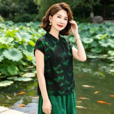 批发新中式花萝香云纱真丝上衣女短袖立领盘扣提花桑蚕丝气质国风<b class='q'>小衫</b>