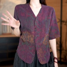 批发高端轻奢V领印花衬衫女夏季薄款宽松遮肚大码<b class='q'>胖</b>mm<b class='q'>设计</b>感气质上衣