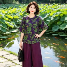 批发紫色香云纱国风中袖上衣女2026夏季新款圆领宽松掐腰贵气复古<b class='q'>衬衫</b>