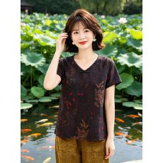 批发新中式国风短袖上衣女夏季改良时尚妈妈小衫复古盘扣V领香云纱<b class='q'>T</b><b class='q'>恤</b>