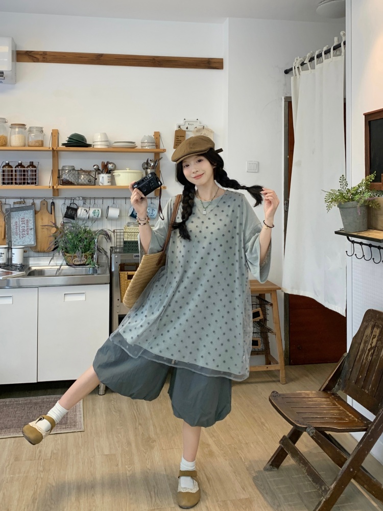 실사 일본식 도트 무늬 블라우스 투명 망사 조끼 루즈핏 반팔 티셔츠 단색 꽃밭 바지
