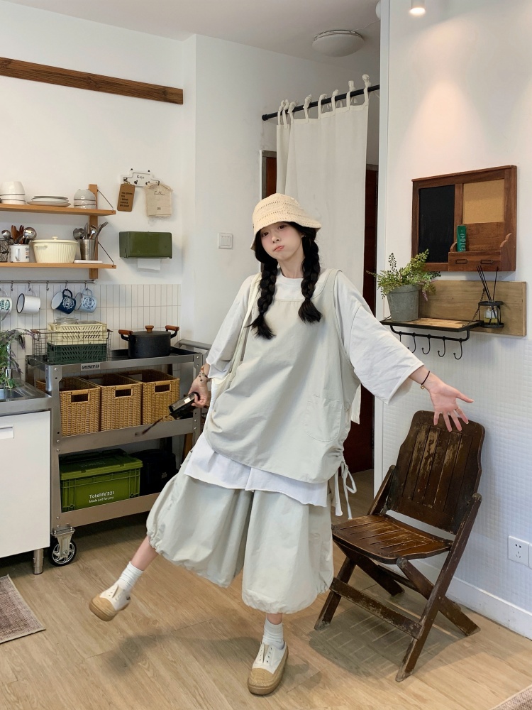 실사 일본식 레트로 여성 루즈핏 캐주얼 다용도 베스트 7 점 치마바지 투피스 세트