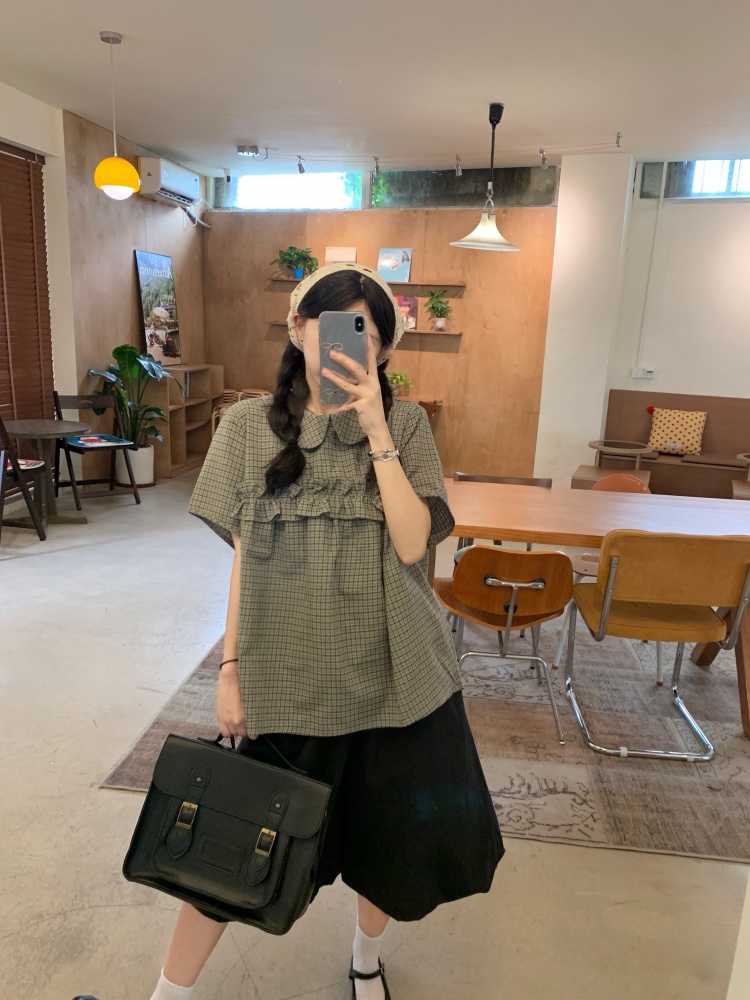실사 일본식 레트로 베이비 칼라 레이스 체크무늬 반팔 셔츠 다용도 꽃밭 반바지