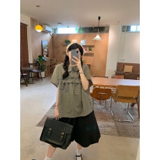 批发实拍日系复古娃娃领花边格子短袖衬衫百搭花苞短裤