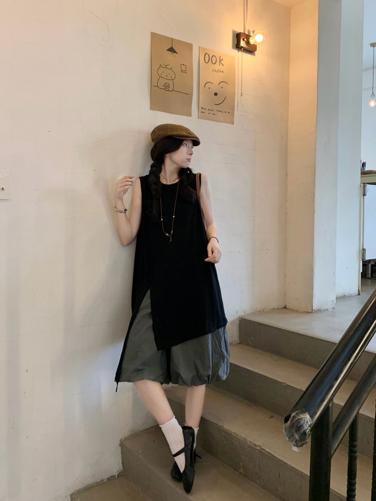 실사 느긋한 느슨함 불규칙 레이스 트임 조끼 티셔츠 다용도 꽃밭 반바지