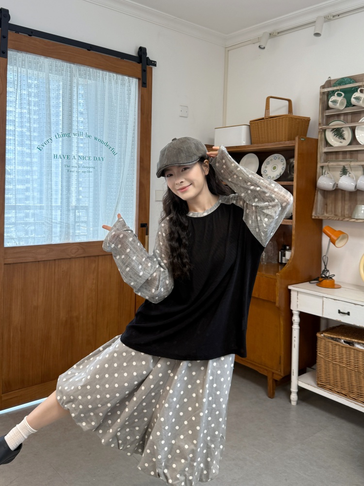 실사 도트 무늬 삽입 어깨 소매 배색 자외선 차단 블라우스 통기성 긴팔 티셔츠 루즈핏 도트 무늬 꽃밭 바지