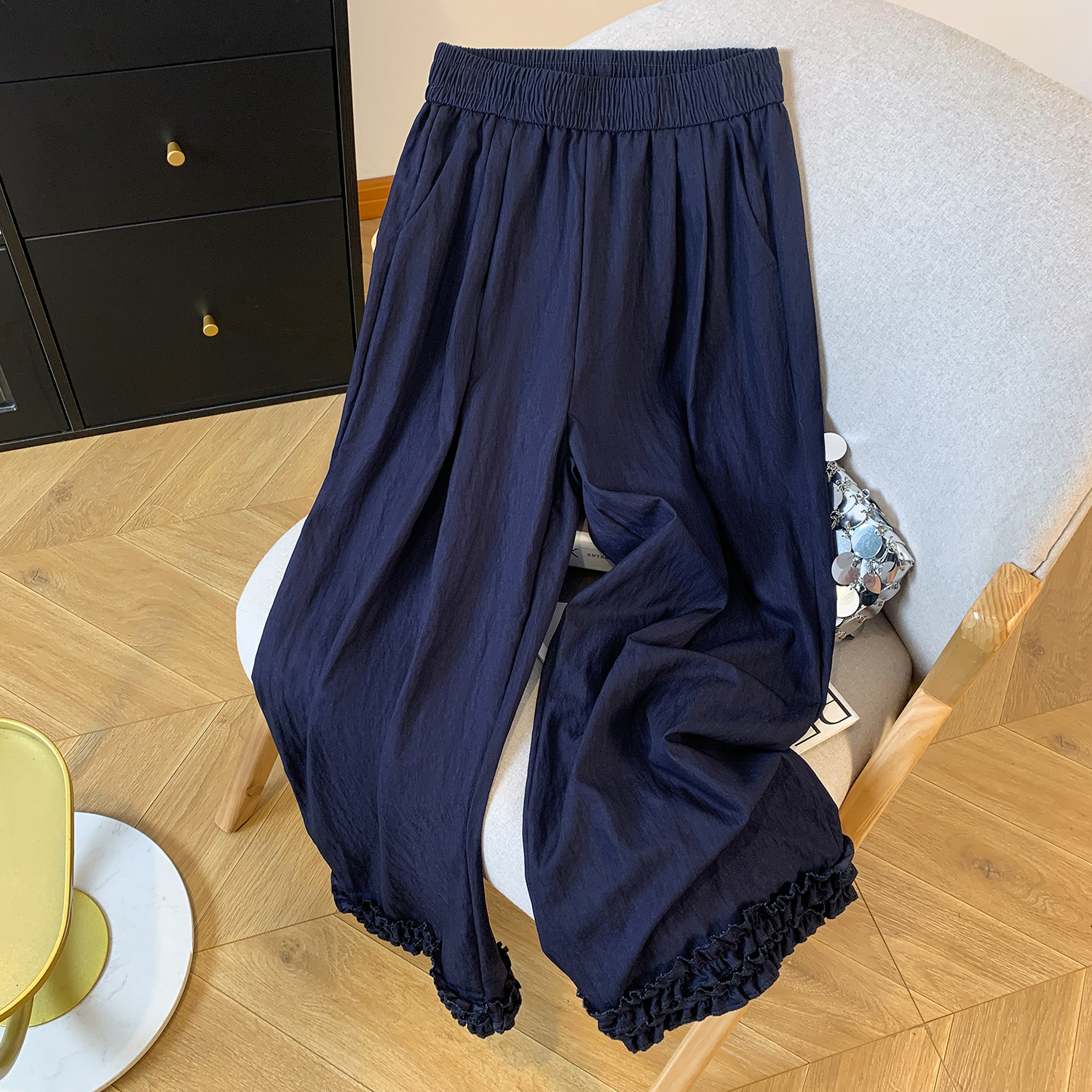 2026 여름 새로운 주간 실크 데님 프릴 넓은 다리 9부 바지 슬림해 보이는 다용도 루즈핏 캐주얼 스트레이트 긴 바지