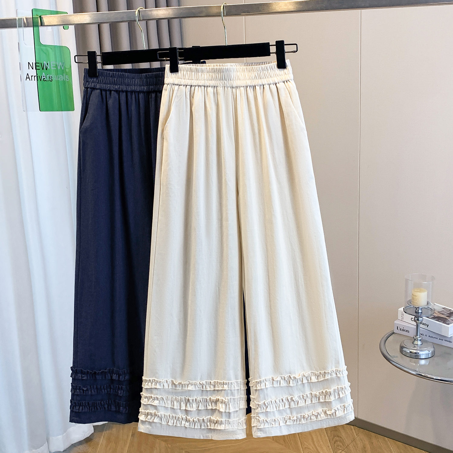 실사 여름 새로운 허리밴드 아마 목이버섯 레이스 루즈핏 9 포인트 와이드 레그 팬츠 여성 레저 다용도 스트레이트 팬츠