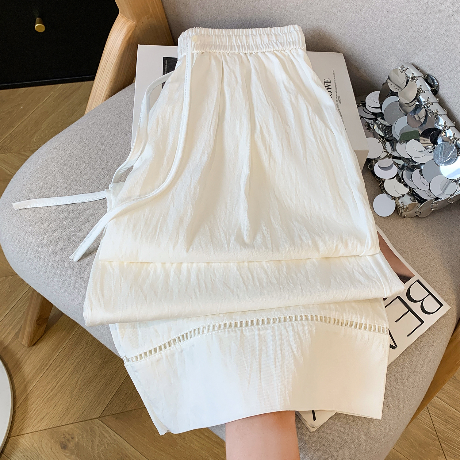 실사 여름 새로운 주간 실크 도루 센스 9 포인트 와이드 레깅스 바지 디자인 센스 레이스 홀로우 아웃 캐주얼 다용도 스트레이트 팬츠