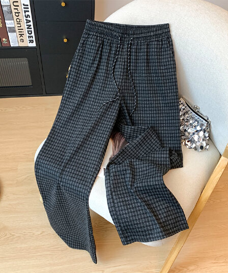 실사 가을 새로운 제인 에디션 레트로 다용도 체크무늬 와이드 레그 팬츠 루즈핏 슬림해 보이는 스트레이트 도루 센스 캐주얼 바닥 청소 바지