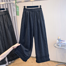 批发实拍2026春季新款休闲韩版格子阔腿裤女百搭垂感花边直筒九分<b class='q'>长裤</b>
