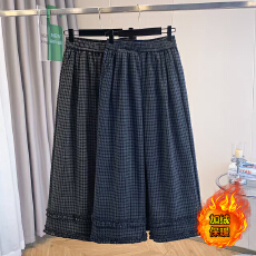 批发实拍2025冬季新款奥羊绒休闲韩版格子阔腿裤<b class='q'>百</b>搭花边直筒九分<b class='q'>长裤</b>