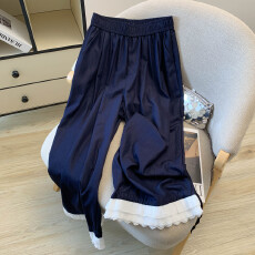 批发夏季新款小个子天丝牛仔撞色花边阔腿裤女百搭直筒抽绳束脚<b class='q'>九分</b>裤