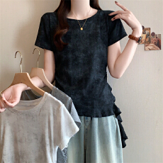 批发实拍~三标齐~扎染正肩短袖女t恤<b class='q'>夏</b>胖mm褶皱收腰不规则短款上衣