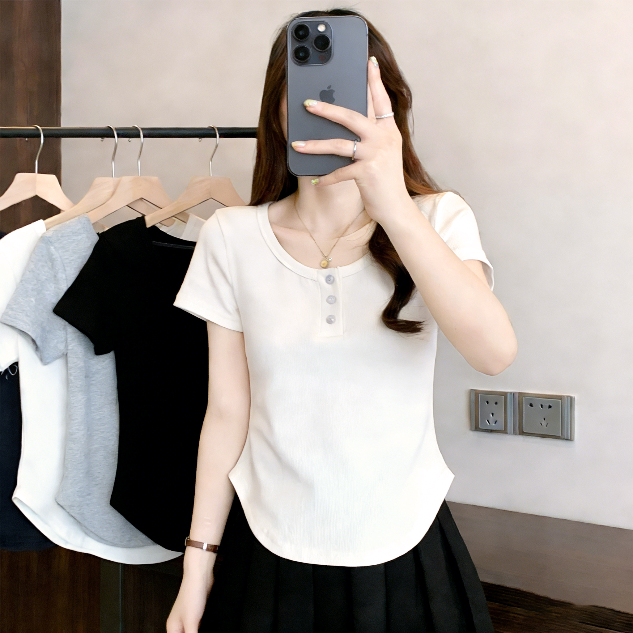 RY3076# 实拍~u领正肩短袖t恤女夏季胖mm遮肚子显瘦甜辣短款不规则上衣