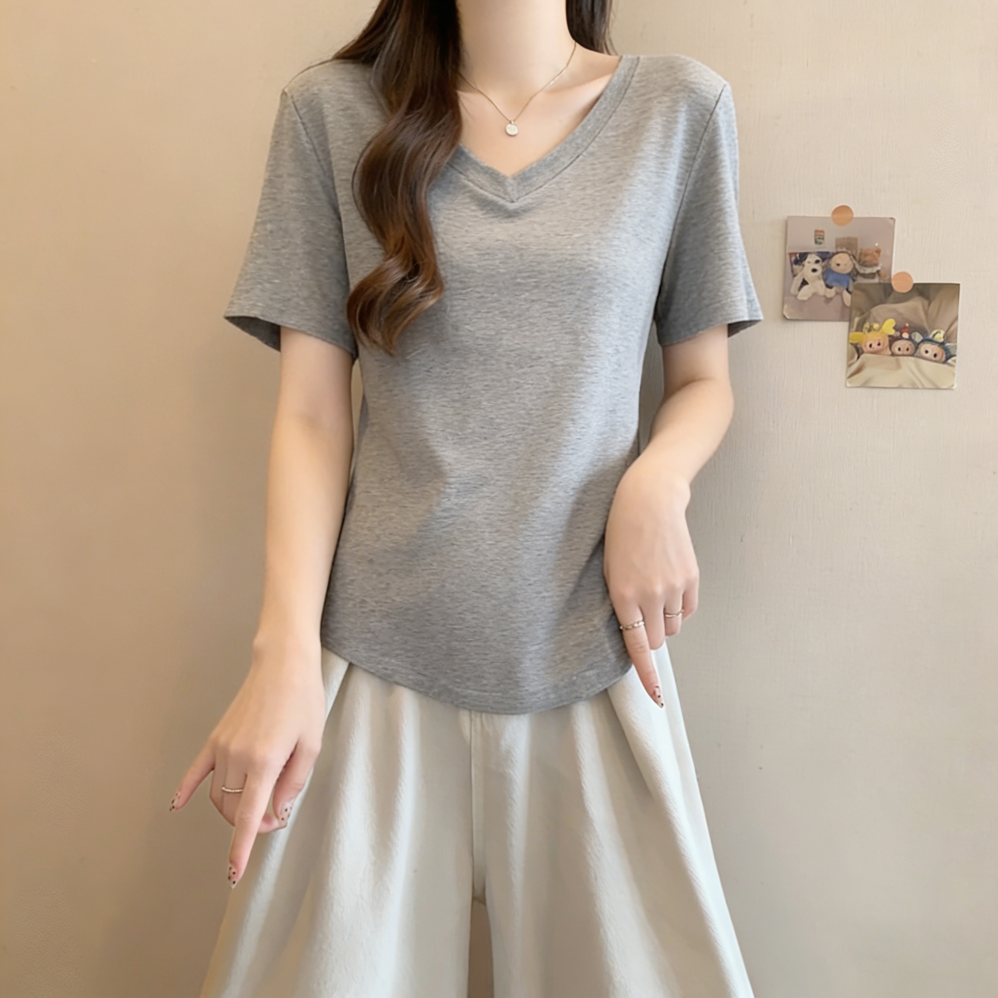 RY3071# 实拍~ 大码纯欲风V领纯棉短袖T恤女夏季胖mm显瘦宽松慵懒遮肉上衣