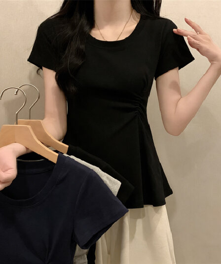 실사 있음 선적 지방 mm 고급 센스 u 칼라 반팔 티셔츠 여름 새로운 순수한 욕망 꼬집기 허리 슬림해 보이는 품격 맨위