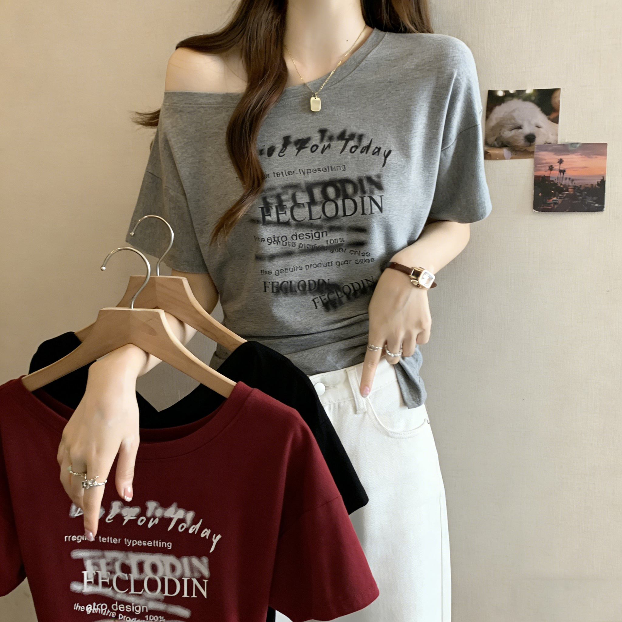 实拍~ 辣妹纯欲设计感斜肩短袖t恤女夏季新款修身露肩大码上衣