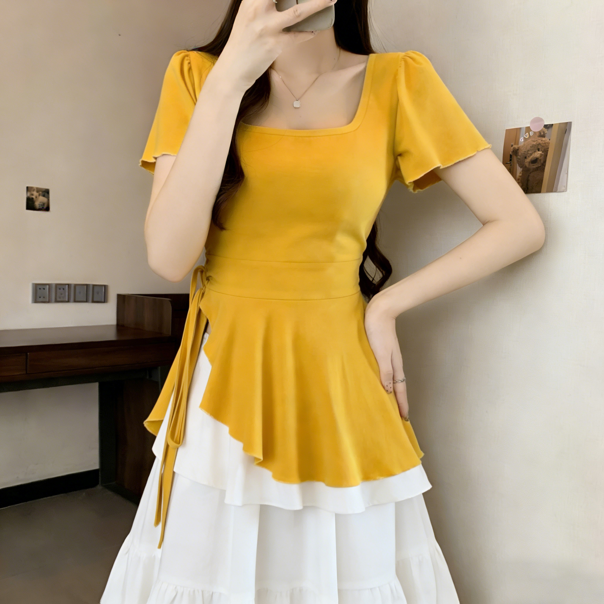 RY3070# 实拍~ U领T恤夏季胖MM百搭遮肉显瘦不规则绑带上衣