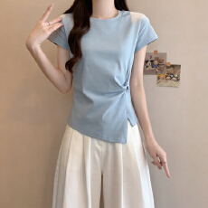 批发实拍~ 设计感扭结不规则短袖<b class='q'>T</b><b class='q'>恤</b><b class='q'>女装</b>夏季胖mm收腰显瘦别致上衣