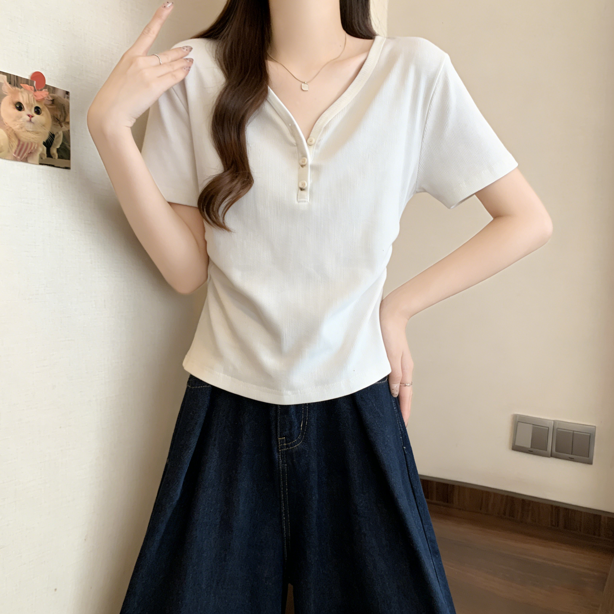 RY3072# 实拍~ 正肩v领修身显瘦短袖t恤女夏季大码胖MM纽扣褶皱显瘦上衣