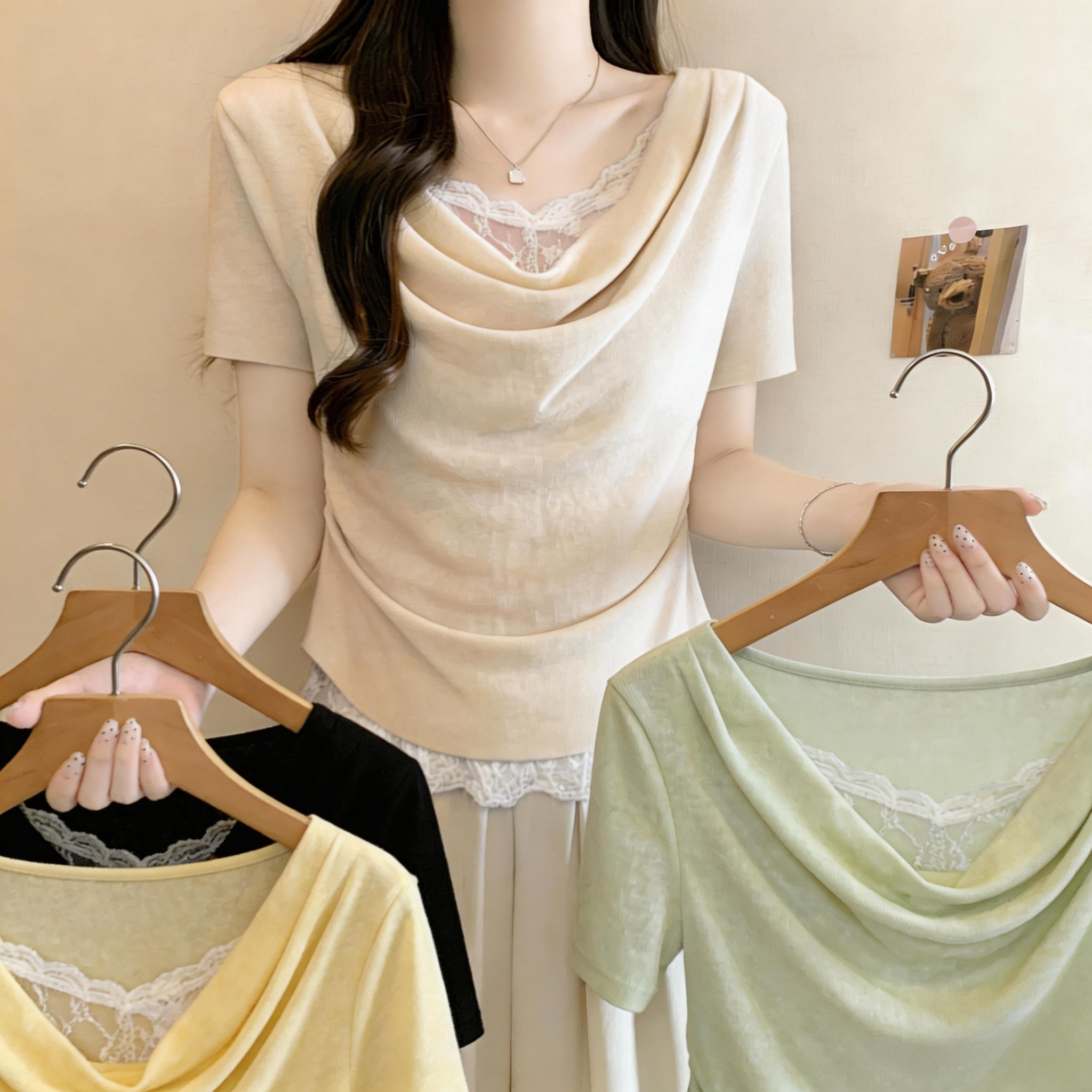 RY3075# 实拍~荡领短袖t恤女2026夏季新款别致胖MM纯欲蕾丝拼接上衣