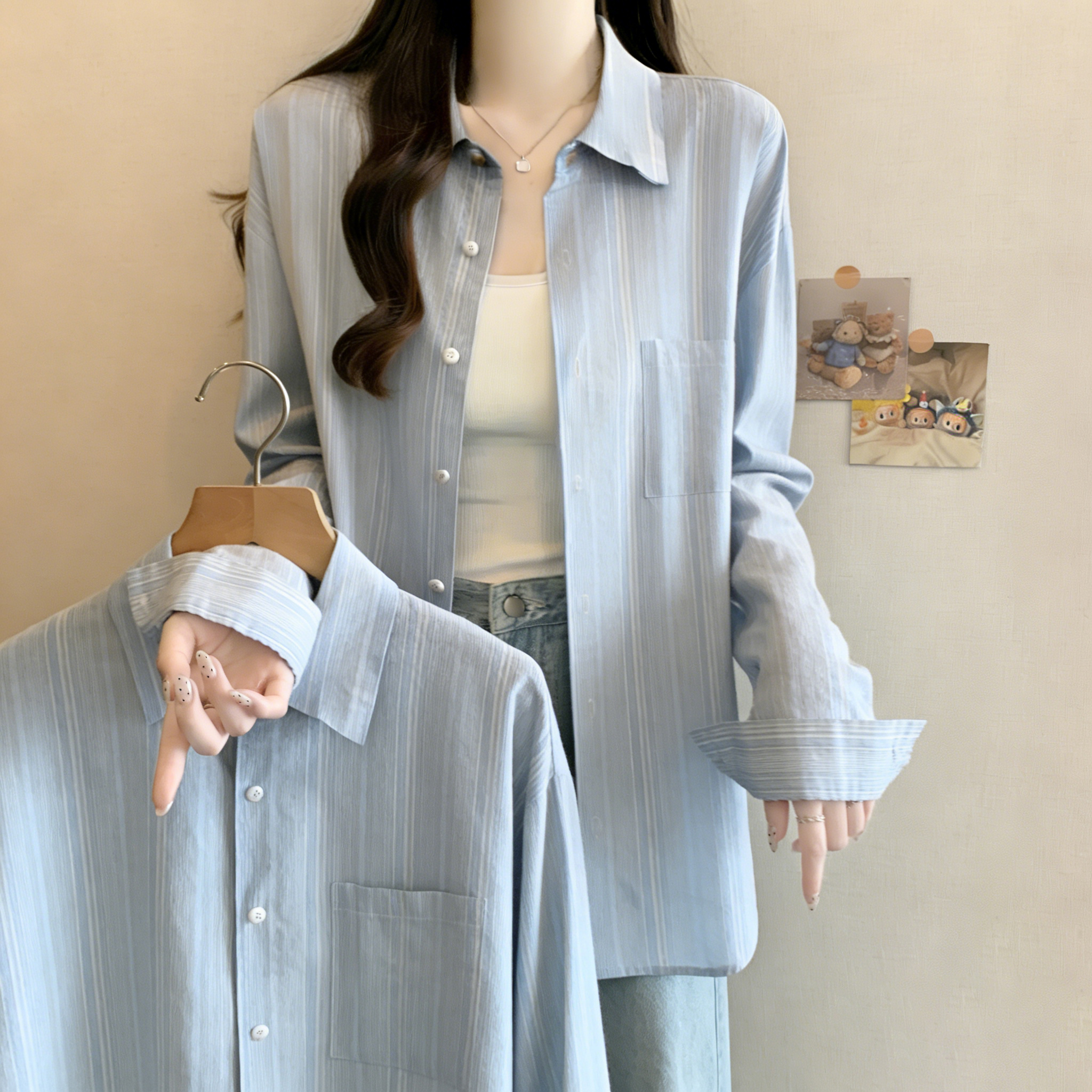 실사 한 부서 스트라이프 긴팔 여성 셔츠 여름 얇은 스타일 자외선 차단 루즈핏 느긋한 바람 출퇴근 다용도 셔츠