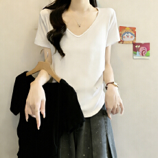 批发实拍~V领短袖T恤女夏季修身<b class='q'>韩版</b>打底衫内搭短款POLO衫上衣潮