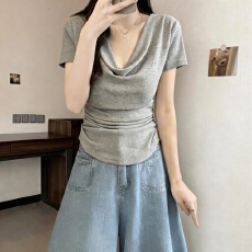 批发实拍~大码胖mm荡领<b class='q'>一字肩</b>纯欲短袖T恤女夏季新款褶皱修身显瘦<b class='q'>上衣</b>