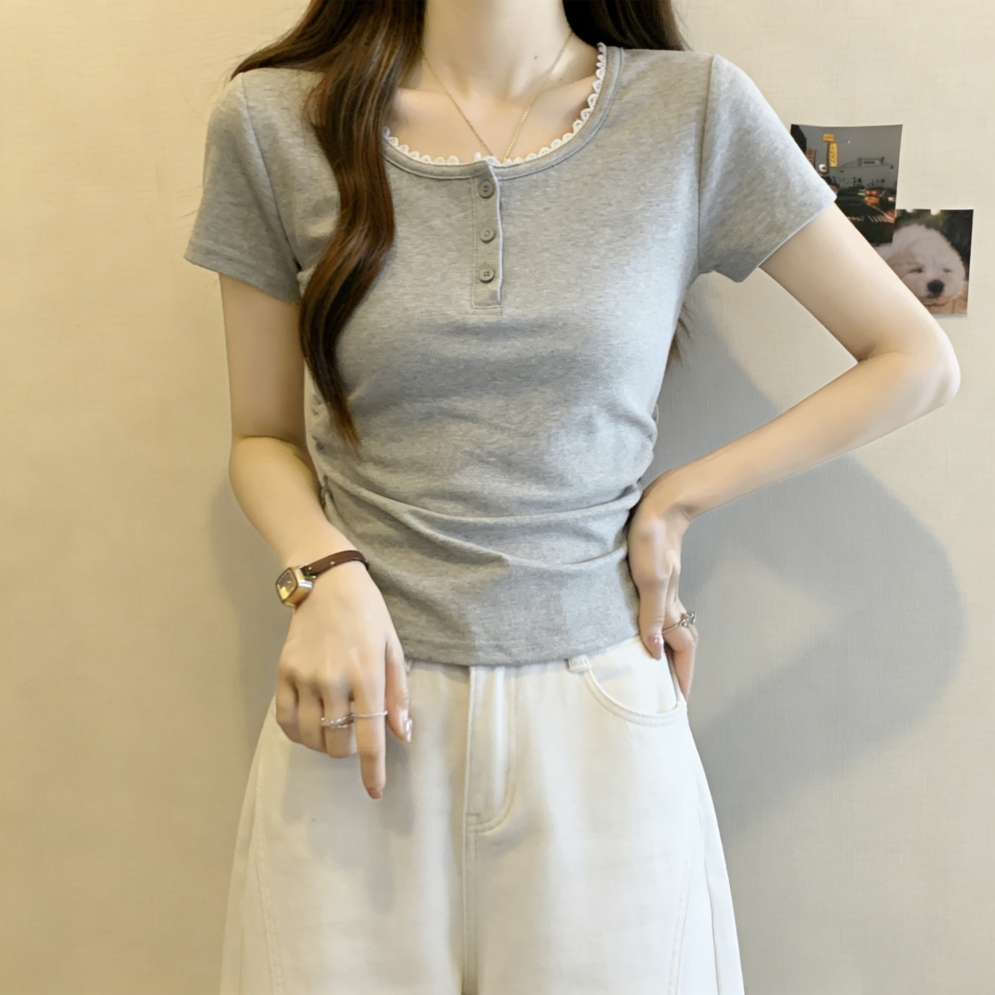 RY3074# 实拍~灰色短袖T恤女装2026新款夏季胖MM遮肉显瘦修身体恤上衣