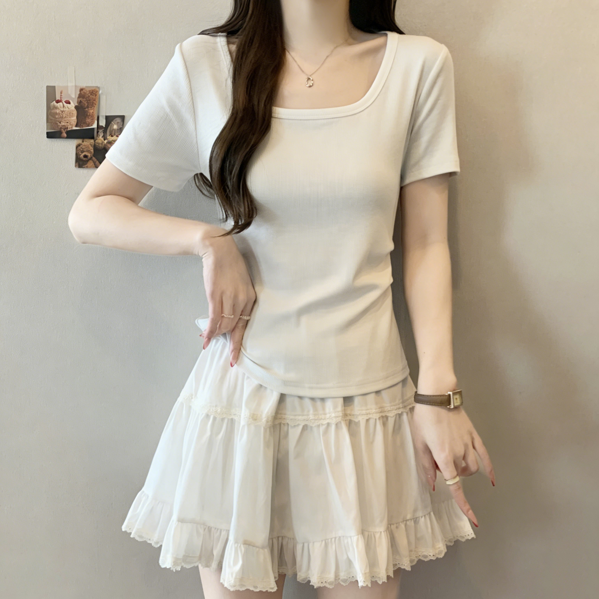 RY3073# 实拍~白色u领正肩短袖女t恤夏季2025新款胖mm遮肚子巨显瘦上衣