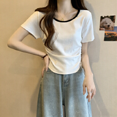 实拍~设计感抽绳短袖T恤女夏季大码胖mm显瘦绝美短款鱼骨上衣小衫